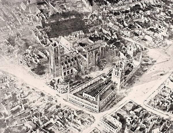 Aerial View Of Ypres In 1915 After First And Second Battles Of Ypres. The Two Major Buildings Are The Cloth Hall Front And Cathedral Of Saint Martin Behind From The War Illustrated Album Deluxe Published London 1916