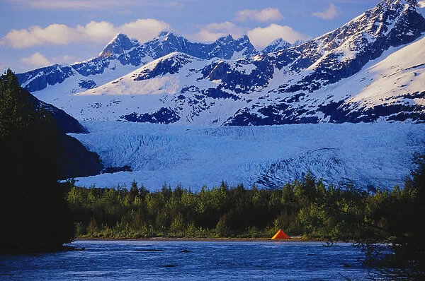 Alaska, Inside Passage, Orange Tent Along Mendenhall River, Mendenhall Glacier Background