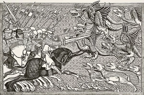 How Alexander Fought The Dragons And A Species Of Beast Called Scorpion. After A 13Th Century Miniature. From Science And Literature In The Middle Ages By Paul Lacroix Published London 1878