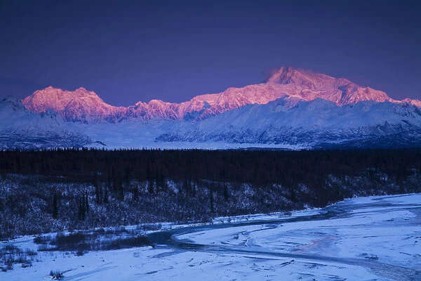 Alpenglow On Mt. Mckinley And Mt. Hunter As Seen From The Denali South Overlook Along The Parks Highway, Denali State Park, Alaska, Winter
