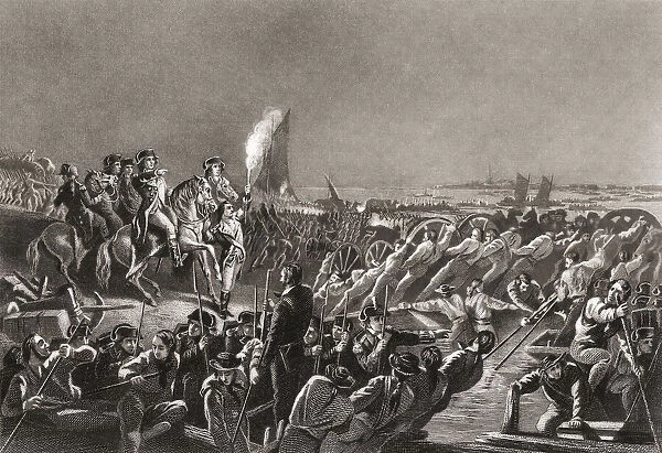 The American retreat from Long Island at the end of the Battle of Long Island, August 27, 1776 during the American Revolutionary War. After a 19th century engraving