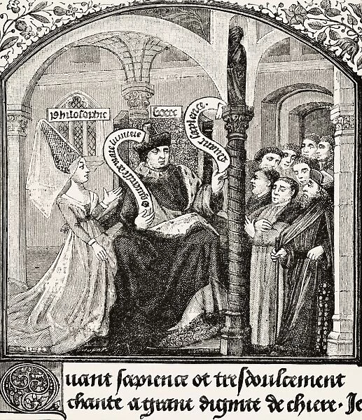 Anicius Manlius Severinus Boethius 480 To 524 Or 525 Takes Counsel Of Dame Philosophy. After Miniature In 15Th Century Ms Consolation Of Boethius. From Science And Literature In The Middle Ages By Paul Lacroix Published London 1878