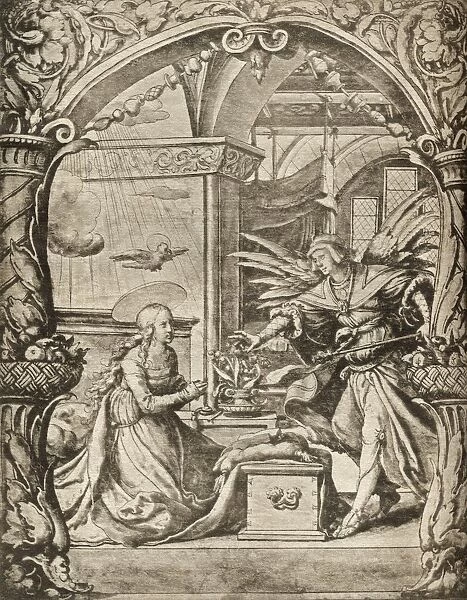 The Annunciation To The Madonna Reduced Facsimile Of A Drawing In Bistre By Hans Holbein 1494 - 1543 German Painter And Wood Engraver From A Catalogue Of A Collection Of Engravings Etchings And Woodcuts By Richard Fisher Published 1879