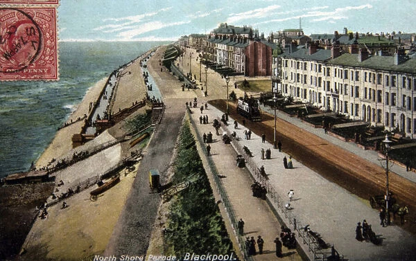 Archival color postcard, North Shore Parade, coastal resort, Blackpool, England, circa 1915