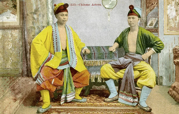 Archival colour postcard of two actors in colourful Asian costumes, China, circa 1910