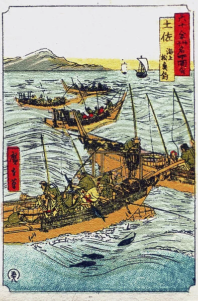 Archival miniature print of fishermen at sea in multiple boats, Japan, c 1930. (Photo by Allan Seide)