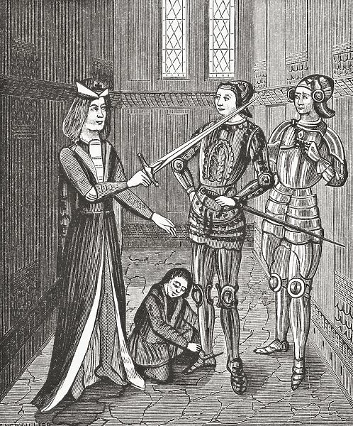 The Arming Of A Knight After The Ceremonial Instituted By King Arthur. Facsimile Of A Miniature From A 15Th Century Manuscript. From Science And Literature In The Middle Ages By Paul Lacroix Published London 1878