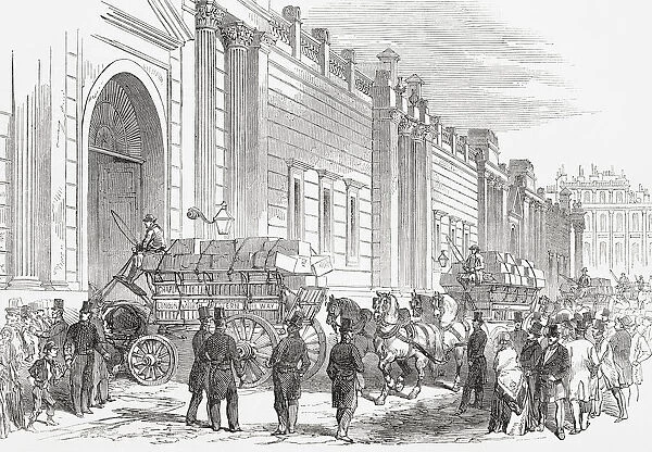 The arrival of Californian gold and Mexican dollars at the Bank of England, London, in 1849. After an illustration in the London Illustrated News published September 22, 1849