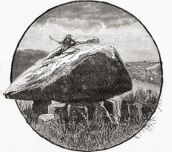 Arthur's Stone, Swansea, Wales, seen here in the 19th century. Legend tells that ancient British King Arthur threw a large stone from Llanelli which landed on this spot. From Welsh Pictures, published 1880