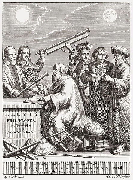 Six astronomers. A homage to astronomers throughout the ages. From left to right: Galileo Galilei, Johannes Hevelius, Tycho Brahe, Nicolaus Copernicus, Claudius Ptolemy. Seated is Hipparchus of Nicaea, c. 190 - c. 120 BC, considered amongst the greatest of early astronomers. After a work by Joseph Mulder and Gerard Hoet which was used as the title page of Joannis Luyts 1692 work Astronomica institutio