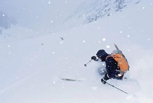 Balu Pass, British Columbia, Canada; Downhill Skiing In Snowstorm