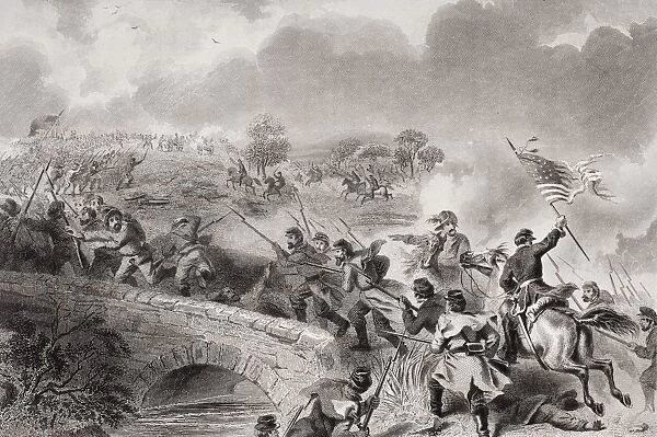 Battle Of Antietam Near Sharpsburg Maryland 1862. Taking Of The Bridge On Antietam Creek. Artist F. O. C. Darley