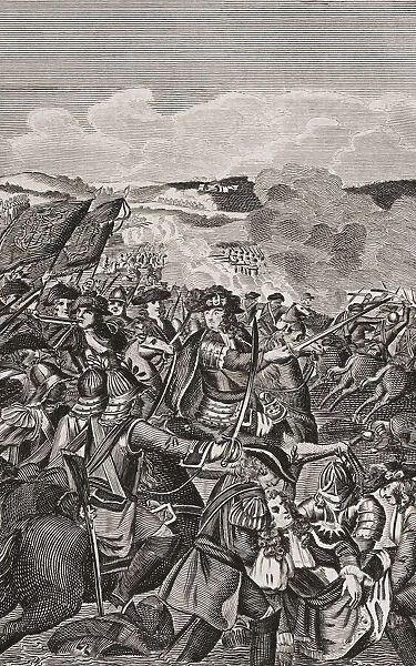 Battle of the Boyne, which took place in 1690 near Drogheda, Ireland. The battle was fought between the armies of the deposed King James II of England and Prince William of Orange. After an engraving from The New, Impartial and Complete History of England by Edward Barnard, published in London 1783