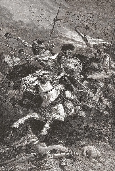 The Battle of the Catalaunian Plains, also called the Battle of the Campus Mauriacus, Battle of Chalons, Battle of Troyes or the Battle of Maurica, June 20, 451 AD between the Romans and Visigoths. After the painting The Huns at the Battle of Chalons by French artist Alphonse de Neuville, 1835 - 1885; Illustration