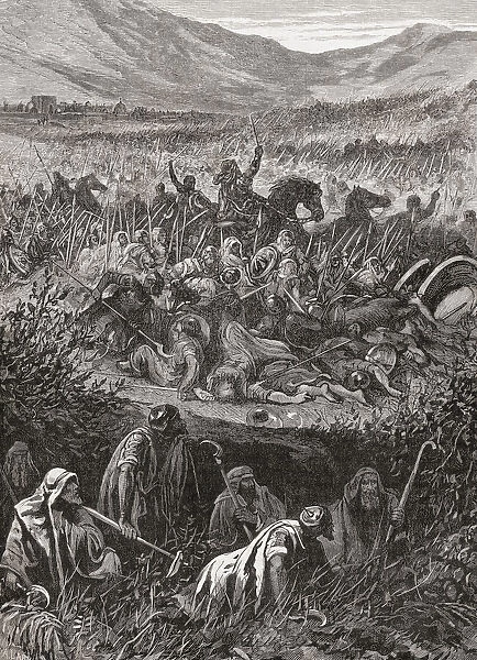The Battle of Michmash, also spelled Michmas, fought between Israelites under Jonathan, son of King Saul and a force of Philistines at Michmash, c. 1025 BC. From Cassells Universal History, published 1888