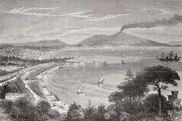 The Bay of Naples, Italy, Mount Vesuvius in the background, seen here in the 19th century. From A Voyage Round the World in 500 Days, published 1879