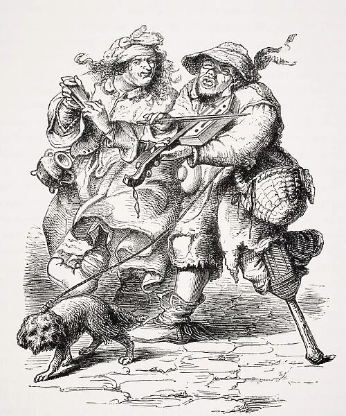 Beggar Playing The Fiddle And His Wife Accompanying Him With Bones. Copy Of An Old Engraving Of The Seventeenth Century