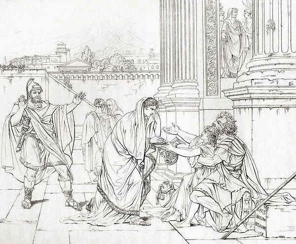 Belisarius Begging For Alms, After The Painting By Jacques-Louis David. According To Popular Legend Belisarius Reduced To The State Of Blind, Homeless Beggar By The Emperor Justinian. Flavius Belisarius, C. Ad 500
