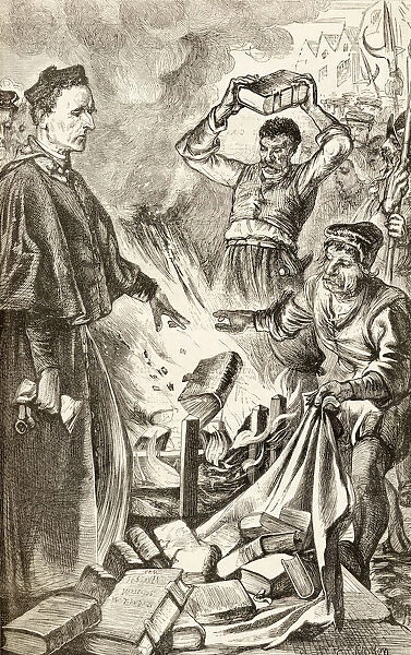 Bishop Tunstall Burning Copies Of William Tynedales New Testament At Cheapside, London. Cuthbert Tunstall, 1474 To 1559. English Church Leader, Diplomat, Administrator, Bishop And Royal Adviser. From The Book Of Martyrs By John Foxe, Published C. 1865