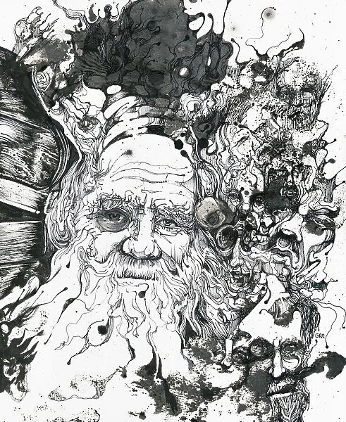 Black And White Illustration Of A Man With A Beard And Mustache Surrounded By Abstract And Other Male Faces