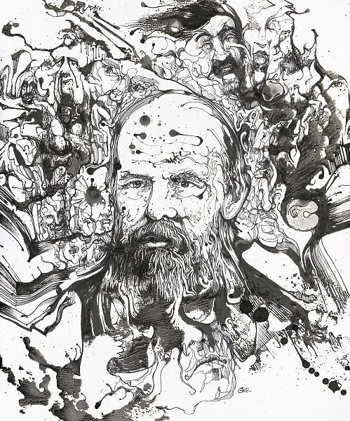 Black And White Illustration Of A Man With A Beard And Mustache Surrounded By Abstract And Other Male Faces