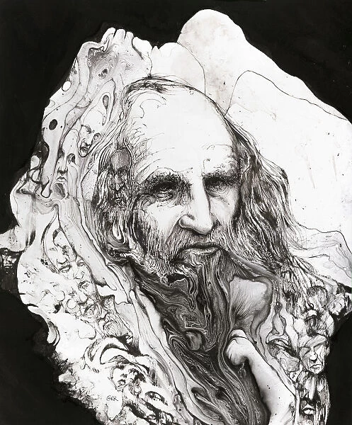 Black And White Illustration Of A Man With Long Hair And A Long Beard And Mustache Surrounded By Images Of Other Male Faces