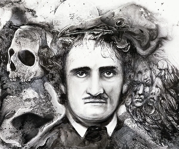 Black And White Illustration Of A Man Surrounded By Other Heads And A Skull