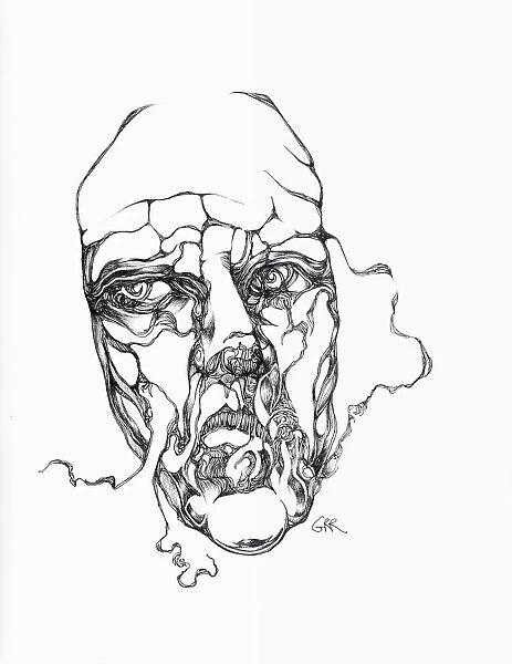 Black And White Illustration Of A Mans Face With Distortion