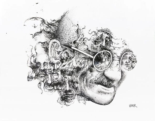 Black And White Illustration Of A Mans Face Wearing Eyeglasses And Covered With Other Male Faces