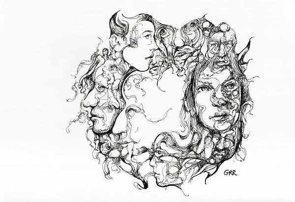 Black And White Illustration Of Numerous Human Faces In A Circular Shape