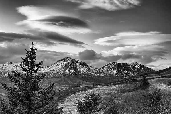 Black And White Photo Of Lenticular Clouds Over The Three Sisters Mountains, Kodiak Island, Southwest Alaska