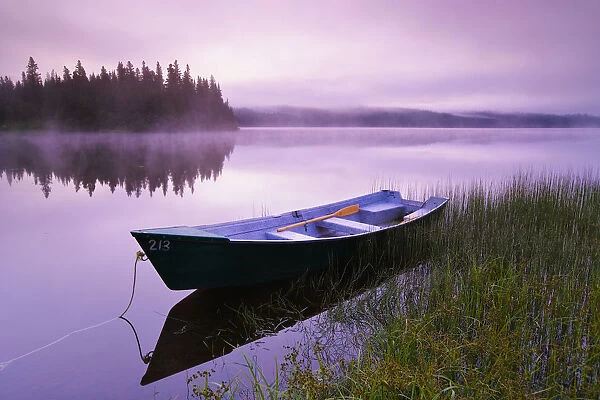 Boat In Mist At Dawn, Rimouski Lake, Rimouski Wildlife Reserve, Bas-Saint-Laurent Region, Quebec
