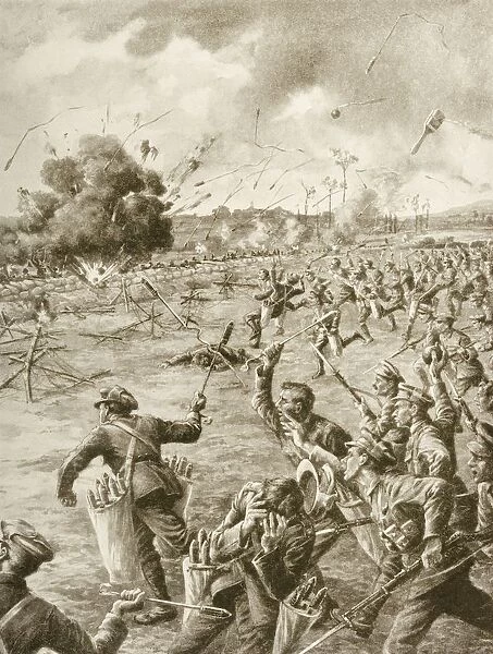 Bombs And Bayonets To The Fore: A Daybreak Charge On The British Front. The Bombers, Supported By Bayonets, Used Bombs Of The Rocket Shape On This Occasion Carried In Panniers, Or Canvas Bags. The Piece Of Webbing Attached Caused The Bombs To Land Head Downwards And Ensured Explosion. The Larger Explosions On The Left Were Caused By Hair-Brush Bombs, So Called From Their Shape. Drawn By Ralph Cleaver