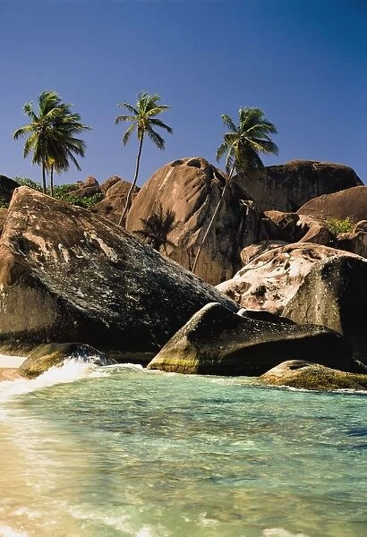 Boulders And Palm Trees On Tropical Beach
