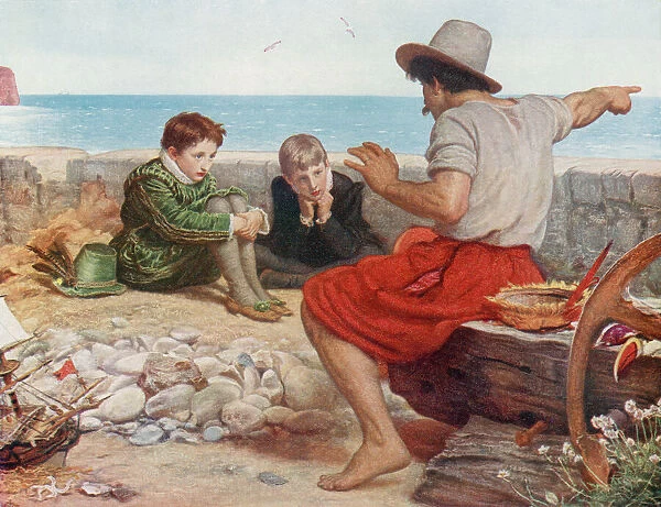 The Boyhood of Raleigh, after the painting by Sir John Everett Millais. Walter, and his older brother, seated on the ground listening to a sailors story. Sir Walter Raleigh, c. ?1552  /  1554 - 1618. English landed gentleman, writer, poet, soldier, politician, courtier, spy and explorer. From Britain and Her Neighbours, 1485 - 1688, published 1923