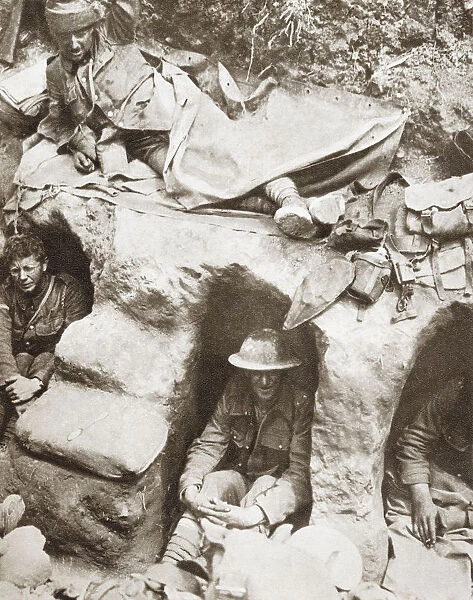 British Army Border Regiment Soldiers Occupying Front Line Trenches In Thiepval Wood, The Somme, France During World War 1. From The Story Of 25 Eventful Years In Pictures, Published 1935