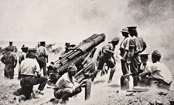 British Battery At Work On Gallipoli Peninsula Turkey From The War Illustrated Album Deluxe Published London 1916