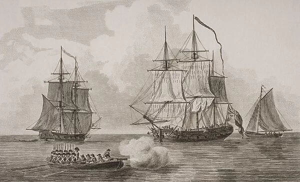 British Men Of War. From Left, Fire Brig, Flat Bottomed Boat, Gun Vessel, Man Of War Long Boat. From A Print Dated 1820 Engraved By Milton