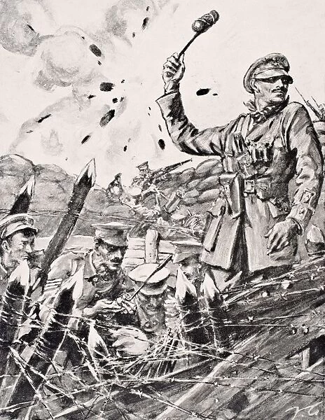 British Officer Hurling Grenades From Trench At Attacking Germans From The War Illustrated Album Deluxe Published London 1916