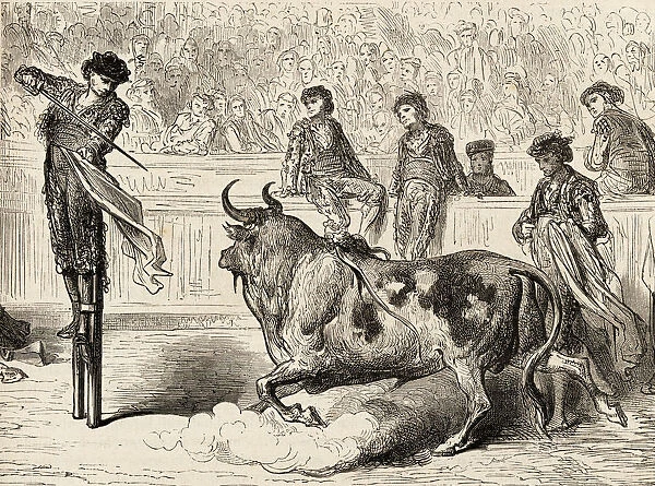 A Bullfighter Stood On Stilts, Preparing To Kill The Bull During A 19Th Century Bullfight In The Bullring At Seville, Spain. This Is Called Suerte De Matar En Zancos In Spanish. From El Mundo En La Mano, Published 1878