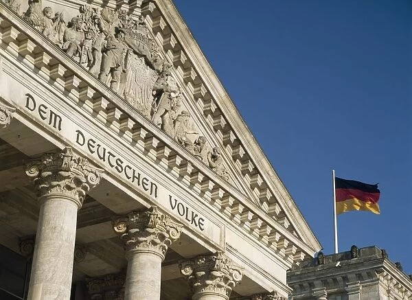 Detail Of Bundestag (Reichstag) With German Flag In Front