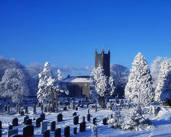 Bushmills Church, County Antrim, Ireland; Church And Cemetery In Winter