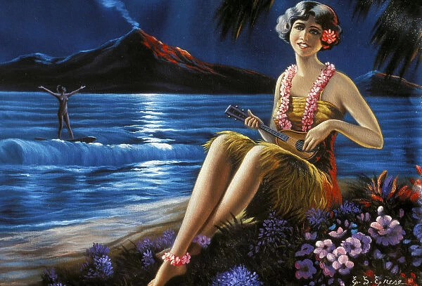 C. 1930-1940 Hawaii, Art, Ukulele Girl On Beach, Moonlit Surfer, Volcano Background