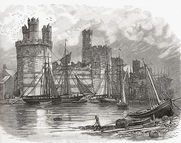 Caernarfon Castle, aka Carnarvon Castle or Caernarvon Castle, Caernarfon, Gwynedd, north-west Wales, seen from across the River Seiont in the 19th century. From Welsh Pictures, published 1880