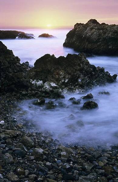 California, Pescadero, Beautiful Sunset Along Coast, Misty Ocean Along Shore, Long Exposure