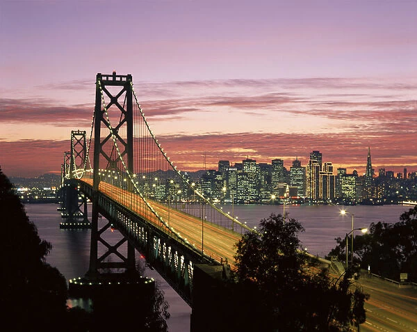 California, San Francisco, Sunset On Bay And Skyline, Blur Traffic Illuminated A50C