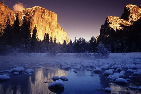 California, Yosemite National Park, Yosemite Valley, Sunset Over El Capitan And Snowy Merced River