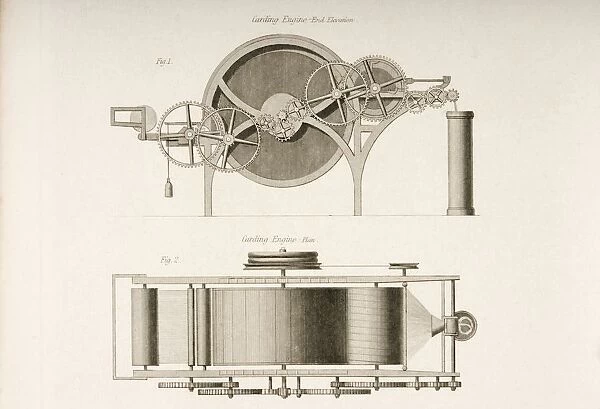 Carding Engine End Election Top And Plan At Bottom Drawn By J. W. Lowry In 1830S