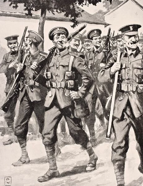 Caricature-Like Drawing Of Confident British Troops On Way To Front Line Western Front 1915 From The War Illustrated Album Deluxe Published London 1916