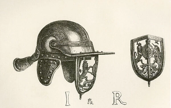 Casque Of King James Ii With Cheek Pieces And Perforated Steel Visor Representing The Royal Arms, With Scroll Work Of Thistles Below. From The British Army: Its Origins, Progress And Equipment, Published 1868